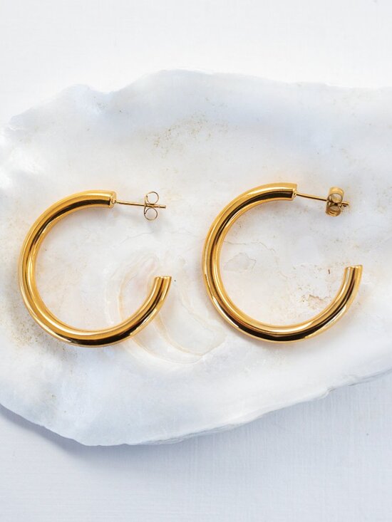 Chunky Gold Hoop Earrings 35mm Thick Hoop Earrings Waterproof Earrings - Picture 3 of 7